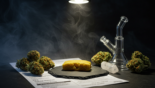 A premium THCA hash sample glows under a spotlight, surrounded by cannabis flowers, lab reports, and a dab rig on a dark slate surface with terpene-inspired vapor.