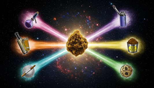 Glowing THCA hash crystal with five radiant beams for consumption methods against a cosmic galaxy background.