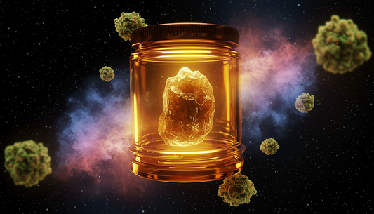 A glowing THCA hash crystal in an amber glass jar, suspended in a cosmic void, shielded from heat, UV rays, and oxygen, with vibrant terpene clouds.