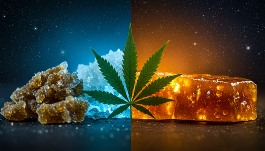 A split image of glowing THCA hash under blue light and sticky THC hash in amber hues, connected by a swirling cannabis leaf on a cosmic gradient background.