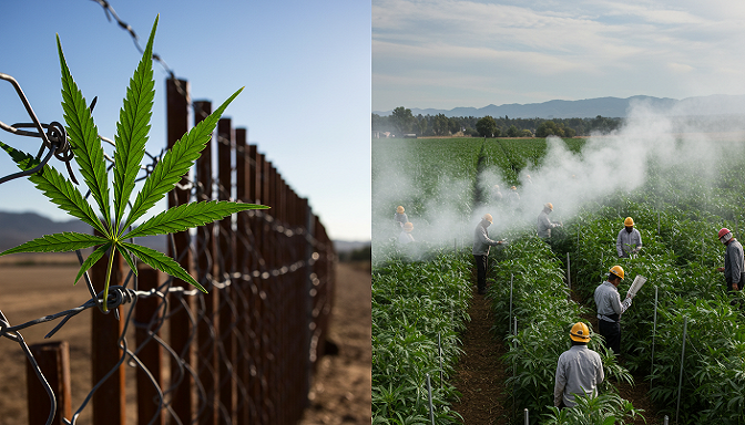 Split image of a U.S. border fence with a cannabis leaf in barbed wire and a vibrant legal cannabis farm, linked by a smoky trail, capturing immigrant cannabis issues.