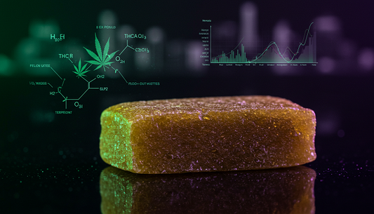 Macro shot of a sparkling THCA hash block under purple and green lights on a reflective surface, with a cannabis leaf silhouette, cityscape, and lab data overlay.