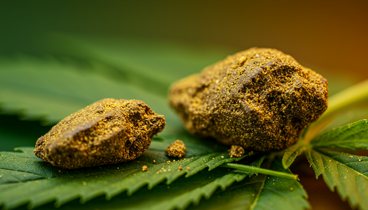 Macro shot of golden THCA hash crystals on raw cannabis leaves with a green and amber gradient background, symbolizing therapeutic purity.