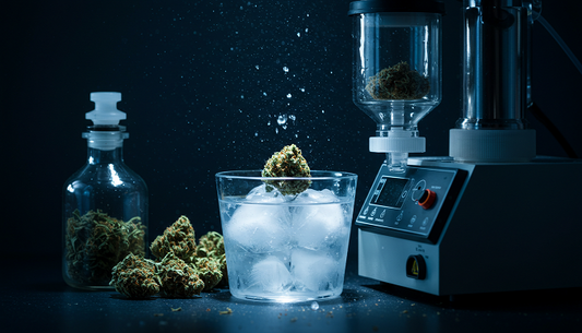 A THCA hash extraction scene with a sparkling THCA crystal from ice water filtration, lush cannabis buds, and lab equipment under dramatic lighting.