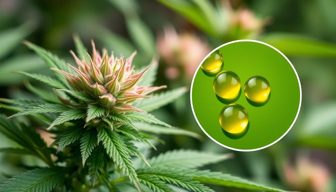 A blooming cannabis plant with an inset of golden CBG isolate drops, merging nature and science under a soft green light.