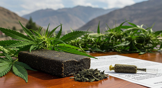 A hand-rolled Afghan THCA hash block sits on a wooden table with cannabis leaves, a legal document, and Afghan mountains in the background, symbolizing tradition and modernity.