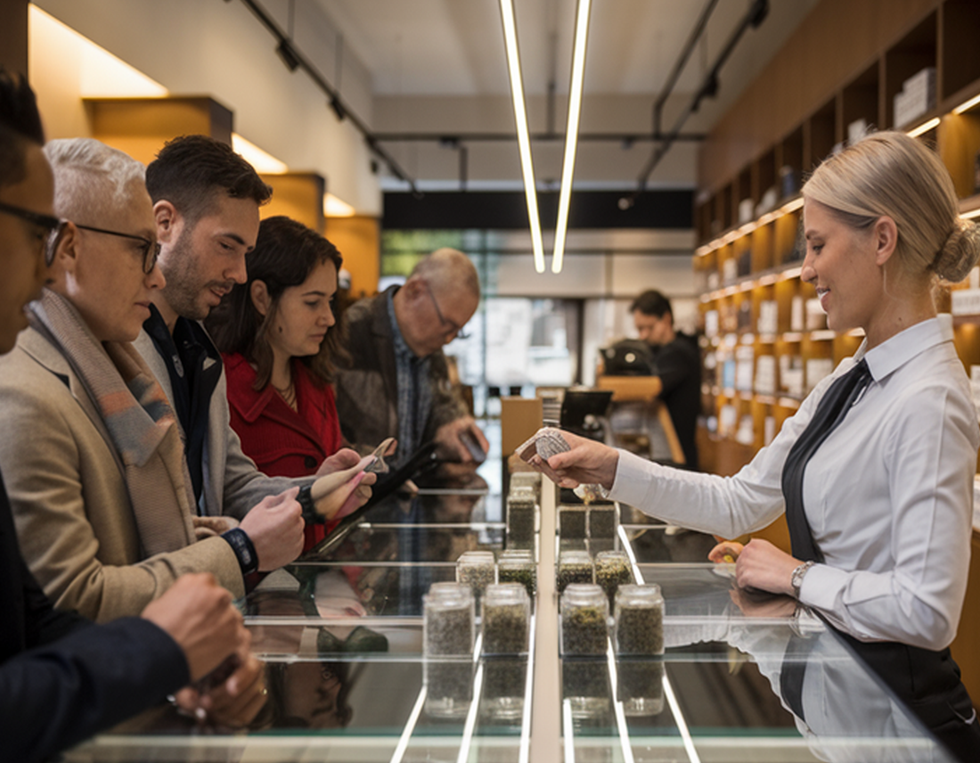 A group of diverse customers standing at a sleek glass counter in a modern cannabis dispensary, examining jars of CBD hash. A professional budtender with a friendly smile assists them, showcasing a small jar of the product