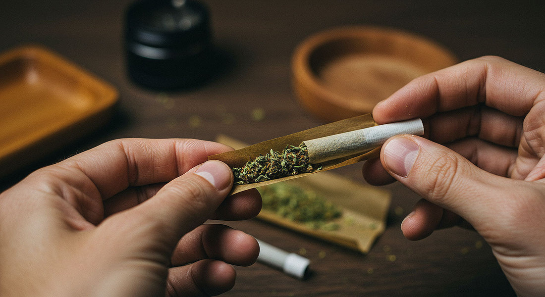 A high-quality close-up of a hand rolling a cannabis joint with a pre-roll filter tip at the end. The background is blurred, with a wooden rolling tray and a grinder partially visible. Soft lighting highlights the texture of the paper and the herbs.