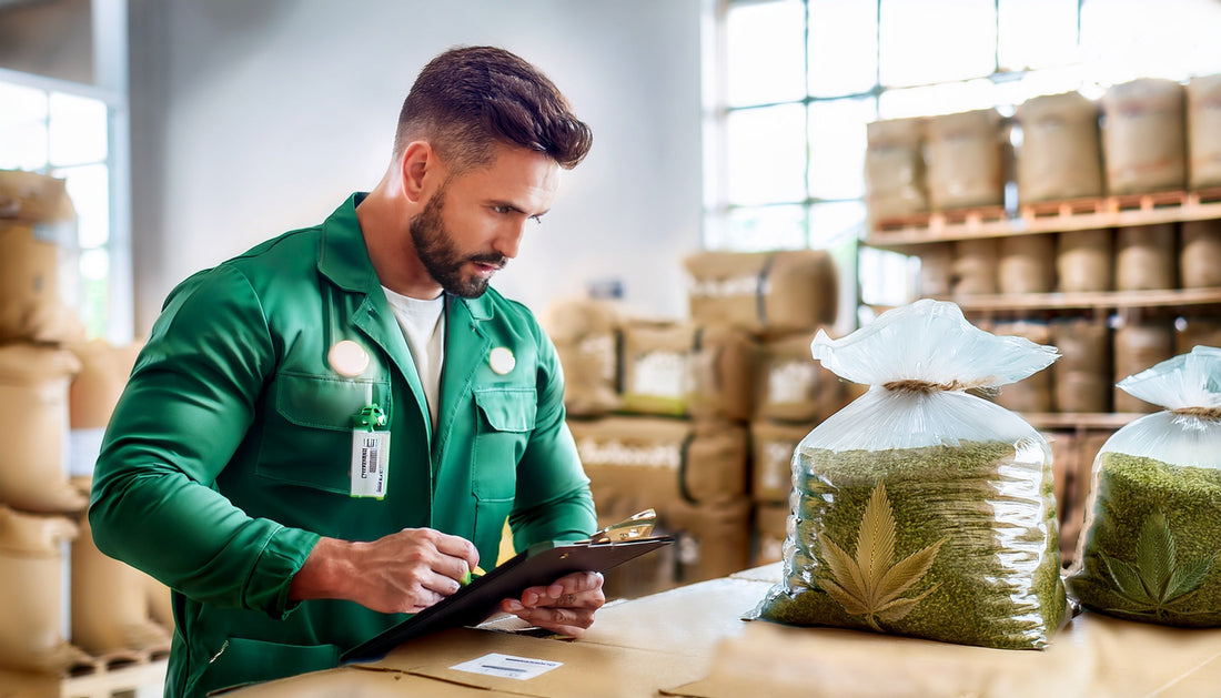 Person inspecting bags of hemp biomass in a warehouse with tools and equipment nearby