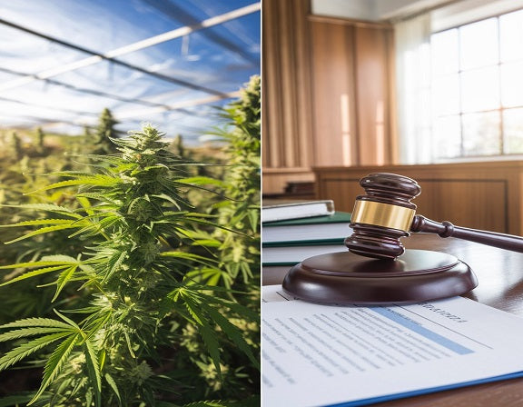 Split-screen of a cannabis farm and a courtroom with legal documents, representing legalization pros and cons.