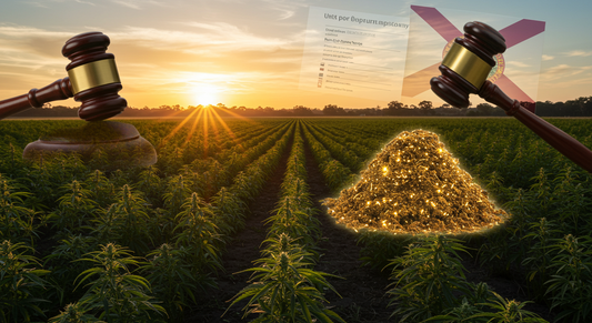Florida hemp field at sunrise with a glowing THCA hash pile, a hovering legal gavel, and a faint lab report and state flag overlay.