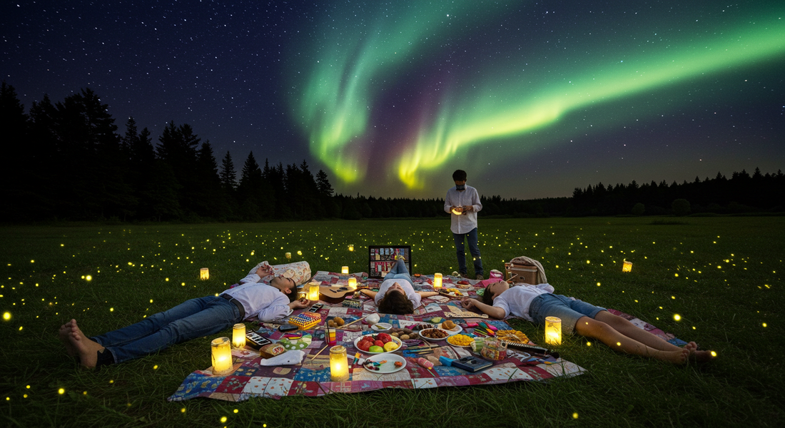Friends relaxing in a dreamy twilight meadow with art supplies, musical instruments, and a picnic, beneath a glowing aurora borealis in the night sky.