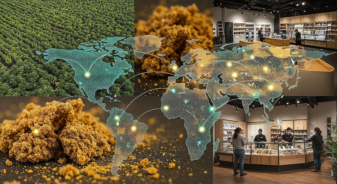 Montage of cannabis grow field, golden THCA hash, dispensary, and global trade map with futuristic overlay.