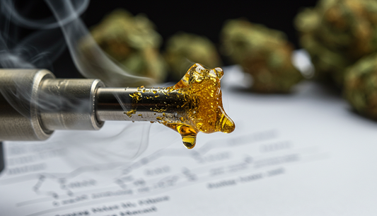 Macro shot of THCA hash on a titanium nail with swirling vapor, lab report, and cannabis buds in the background, merging science and use.