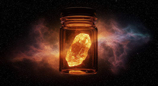A glowing THCA hash crystal in an amber glass jar, suspended in a cosmic void, shielded from heat, UV rays, and oxygen, with vibrant terpene clouds.