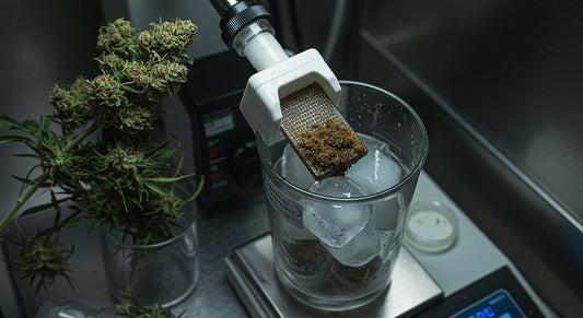 A THCA hash extraction scene with a sparkling THCA crystal from ice water filtration, lush cannabis buds, and lab equipment under dramatic lighting.