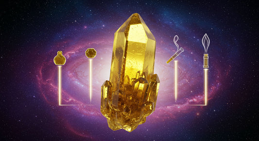 Glowing THCA hash crystal with five radiant beams for consumption methods against a cosmic galaxy background.