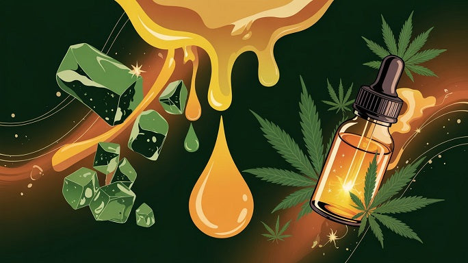 A dynamic collage shows shatter shattering, wax melting, oil dripping, and tincture glowing against a cosmic green and amber swirl.
