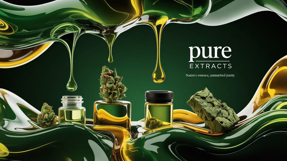 A vivid montage shows hash forming, shatter breaking, wax melting, and oil flowing against a swirling green and gold cosmic backdrop.