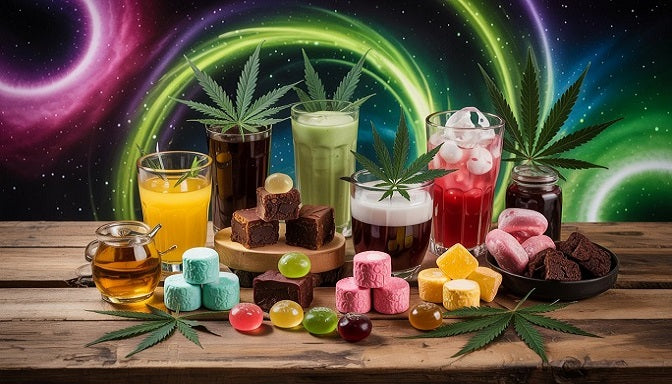 A rustic wooden table holds an assortment of cannabis edibles, including colorful gummies, chocolate brownies, and infused drinks in glass bottles and cups.