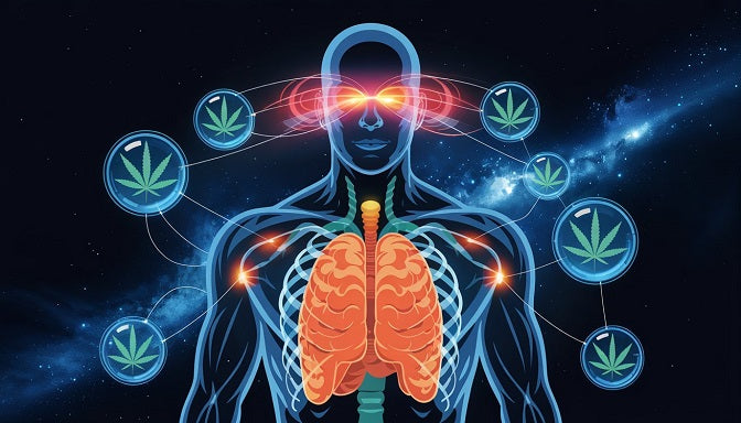 A futuristic human silhouette showcases a vibrant endocannabinoid system with pulsing blue and orange cannabinoid receptors against a starry night sky.