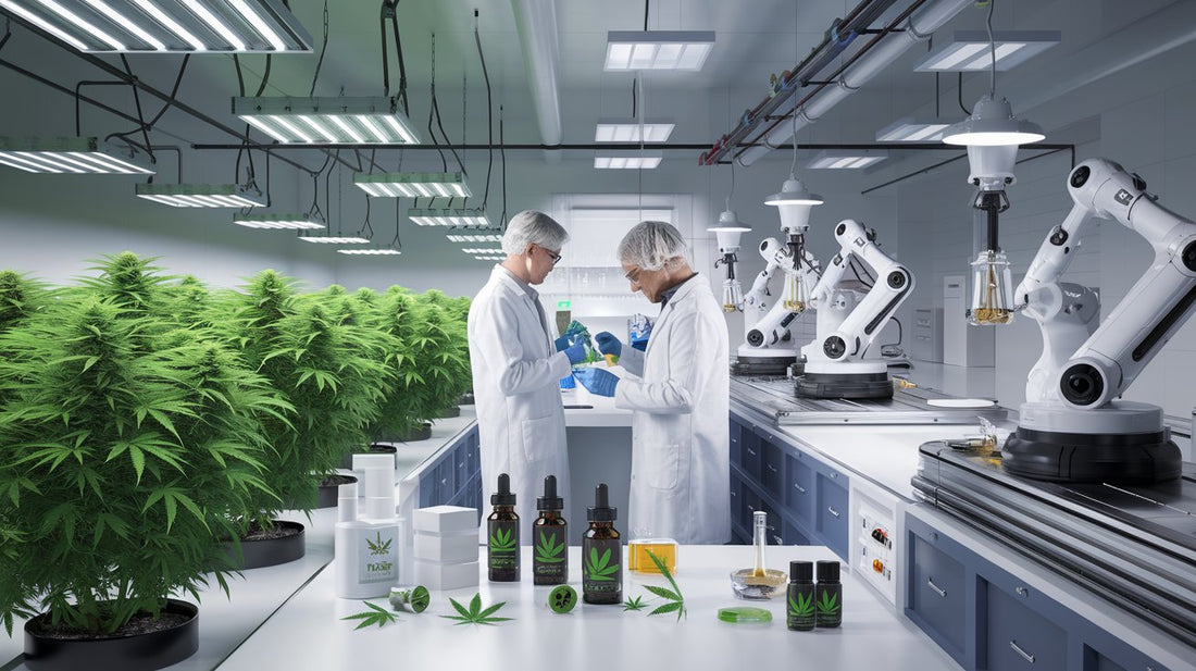 A futuristic cannabis manufacturing facility displaying cultivation, lab testing, and automated packaging, showcasing the full process from plant to final product.