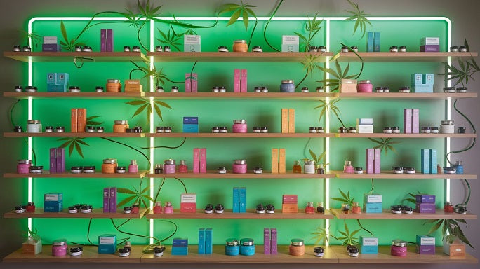 A dynamic dispensary shelf displays varied cannabis packages—jars, boxes, and pens—in vivid colors, with hemp leaves swirling against a neon green backdrop.