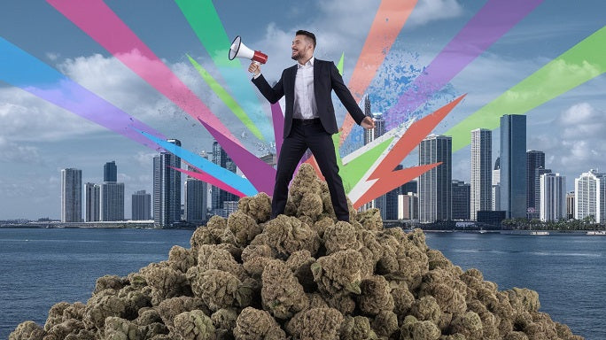 A marketer stands atop cannabis buds with a megaphone, colorful campaign visuals bursting around, and the Miami skyline in the distance.