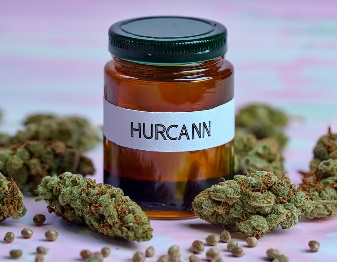 a jar filled with hemp buds, and more hemp buds around it, with the words -Hurcann- on the j