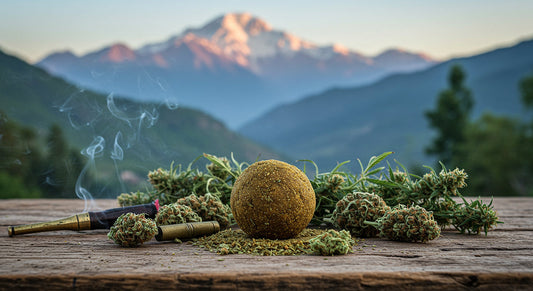 Temple ball hash with cannabis flowers and Himalayan background representing tradition and modern use.