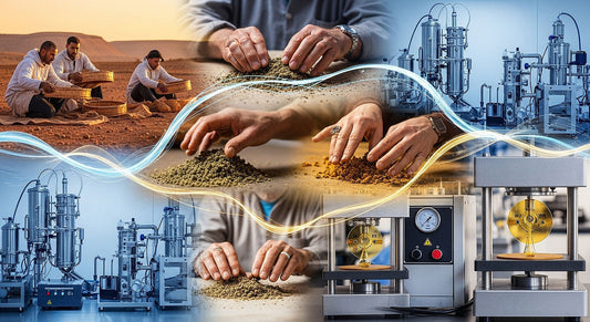 Collage of Moroccan hash-making, CBD labs, ivory artisans, and rosin presses showing cannabis extraction evolution.