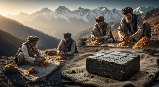 Artistic panoramic composition showing Afghan mountains at sunrise, farmers hand-pressing hash, and a finished hash block in the foreground.