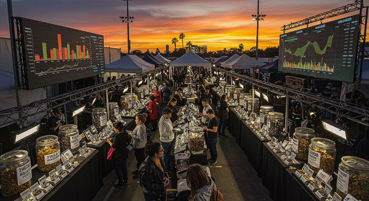 A dynamic aerial view of a bustling cannabis market with vendors showcasing THCA hash in elegant glass jars, customers browsing, and digital screens displaying global market growth stats, set against a vibrant sunset sky.