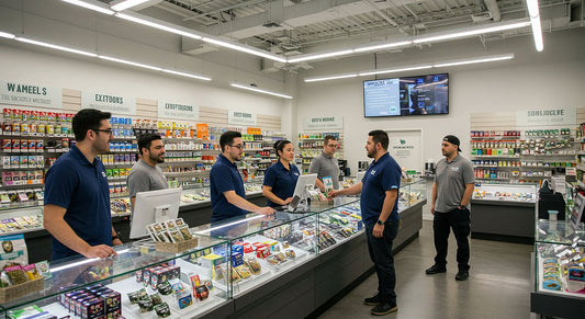 Customers engage with staff in a bustling cannabis dispensary, with unique products and a digital sign showcasing testimonials in a bright atmosphere.