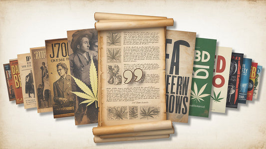 Montage of ancient cannabis scrolls, 1930s jazz posters, 1970s protest signs, and modern CBD products on a timeline with a cannabis leaf accent.