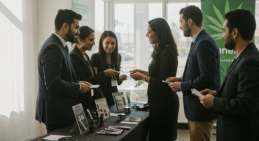 Professionals exchange business cards at a cannabis networking event, with cannabis products on a table and a large cannabis leaf banner in a modern venue.