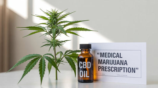 Cannabis Sativa plant, CBD oil bottle, and medical prescription card arranged on a white background, symbolizing medical marijuana’s therapeutic potential.
