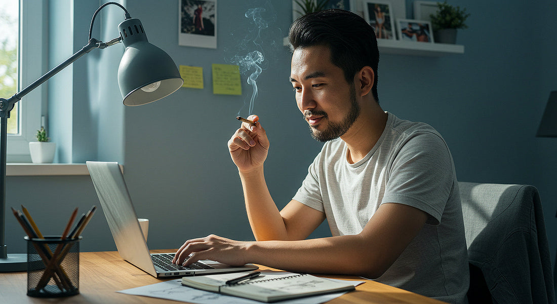 A cannabis smoker works at a home office desk with a laptop, notebook, and fashion sketch, holding a joint, blending work and relaxation.