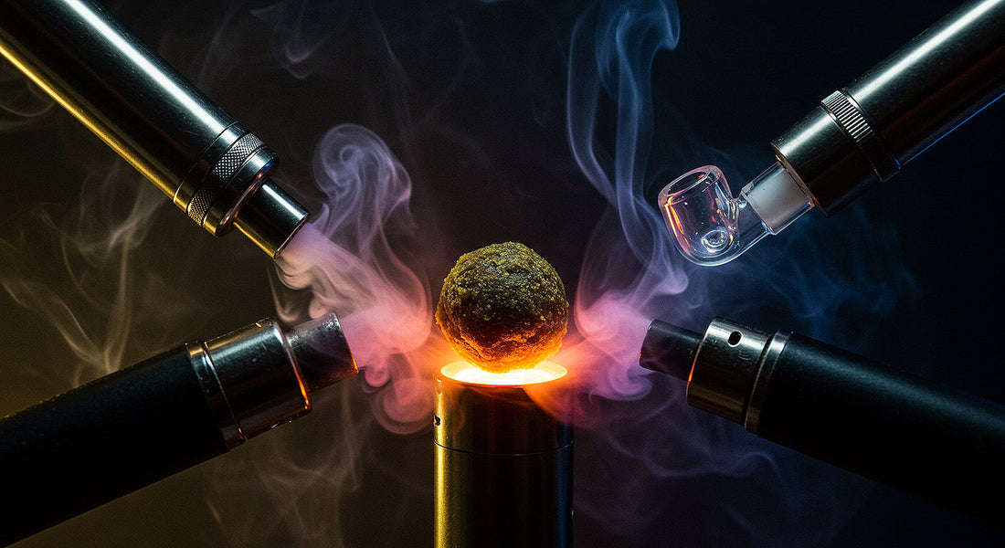 Artistic representation of ball hash flavor differences shown through smoke, vapor, and dabbing vapors blending together.