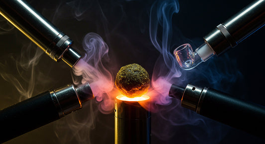Artistic representation of ball hash flavor differences shown through smoke, vapor, and dabbing vapors blending together.