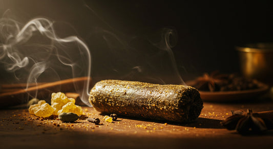 Aged Moroccan hash surrounded by spices and smoke under golden sunlight symbolizing hashinene aroma.