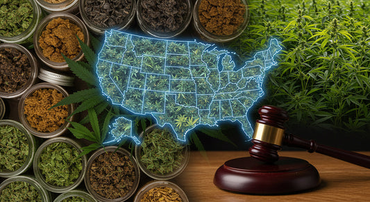 Collage of U.S. map, hemp fields, THCA hash jars, and legal gavel representing THCA hash legal states.