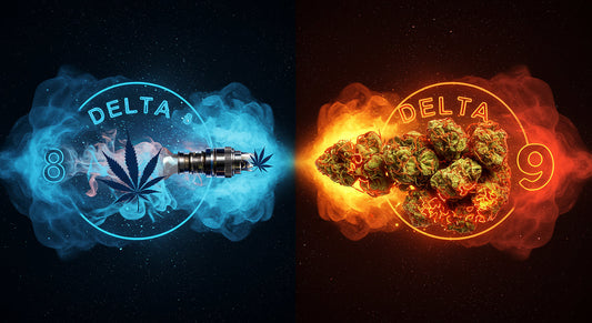 A split cosmic scene shows Delta 8 in cool blue with vape clouds on the left and Delta 9 in warm red with glowing buds on the right, linked by hemp leaves.