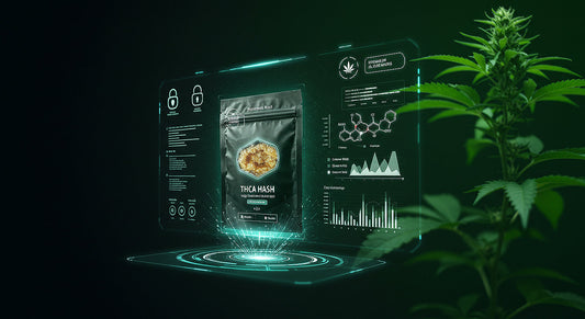 A holographic online shopping interface shows THCA hash with cannabinoid charts, a padlock, and a cannabis plant on a black and green digital backdrop.