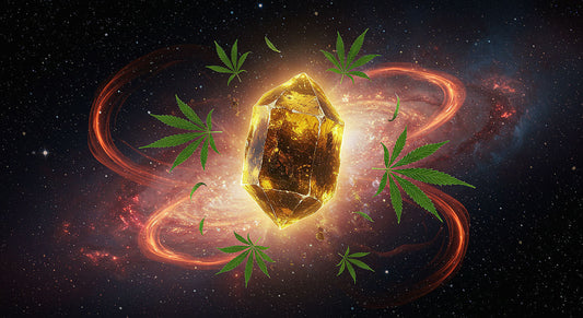 A glowing THCA hash crystal floats in a cosmic galaxy, with raw cannabis leaves and fiery THC smoke trails, blending raw and psychoactive essence.
