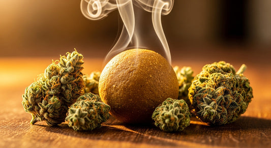 Golden hash ball surrounded by cannabis buds and rising smoke, representing quality, heritage, and allure of hash.