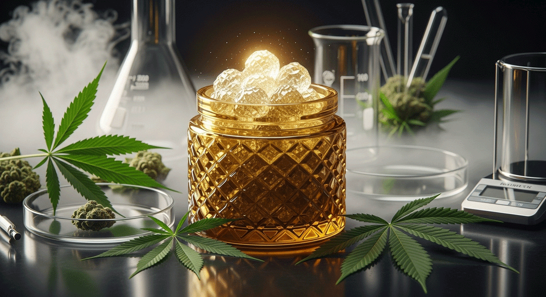 A jar of golden THCA hash crystals glowing beside hemp leaves and lab tools, representing purity and innovation in cannabis concentrates.