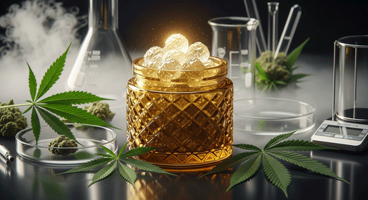 A jar of golden THCA hash crystals glowing beside hemp leaves and lab tools, representing purity and innovation in cannabis concentrates.