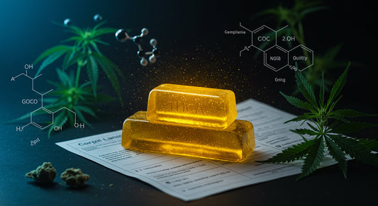 Golden THCA hash surrounded by hemp plants and compliance documents representing purity and legality.