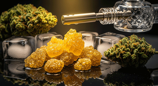 Golden THCA ice water hash crystals with ice, cannabis buds, and dab rig representing solventless purity.